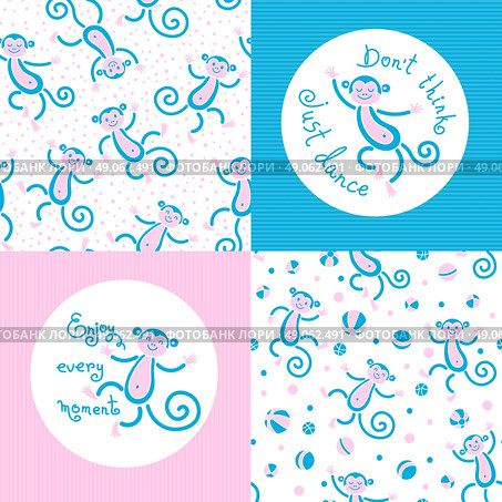 Seamless patterns and cards with monkeys in vector.. Seamless pattern with monkeys playing in snow winter. Card or T shirt design Dont think just dance and Enjoy every moment with the monkey. Seamless pattern with monkeys playing in balls. Vector illustration. Стоковая иллюстрация, агентство Ingram Publishing / Фотобанк Лори