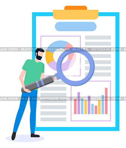 Search way to attract customers. Man office worker with magnifier analyzes demand on presentation with charts. Project management and marketing planning strategy flat style. Analytical business report. Search way to attract customers. Project management and marketing planning strategy flat design. Стоковая иллюстрация, агентство Ingram Publishing / Фотобанк Лори