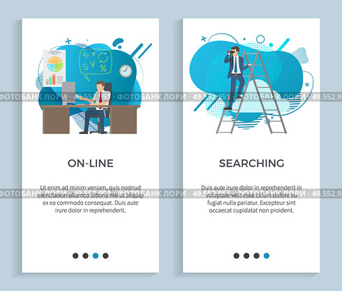 Searching businessman vector, online job interaction with business partners and colleagues, office worker with infocharts on board, male on ladder. Website or app slider, landing page flat style. Online Work, Man at Workplace with Computer Set. Стоковая иллюстрация, агентство Ingram Publishing / Фотобанк Лори