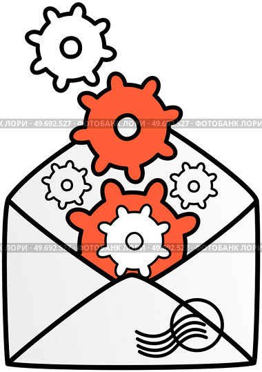 Searching for ideas and solutions, business process running, startup, work motion concept. Gears in evelope as symbol of email setting. Software or maintenance, mailing via Internet technology. Gears in evelope as symbol of email setting. Software, maintenance, mailing via Internet technology. Стоковая иллюстрация, агентство Ingram Publishing / Фотобанк Лори