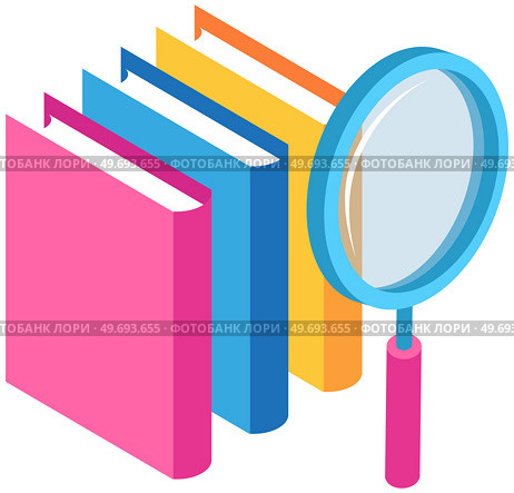Searching for information in books, literature in library with magnifying glass. Stack of books with bookmarks. Concept of learning, business education with textbooks, knowledge in encyclopedia. Searching for information in books, literature in library with magnifying glass, knowledge. Стоковая иллюстрация, агентство Ingram Publishing / Фотобанк Лори