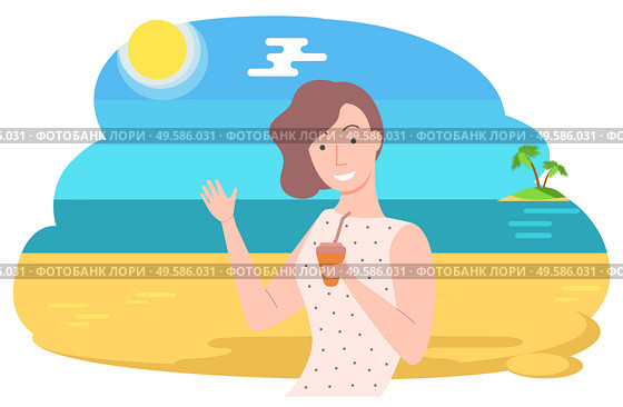 Seascape and woman vector, female character relaxing on coast, beach with water and palm tree. Sunshine and summer vibes, lady with plastic cup drink. Woman on Vacation Sea Drinking Beverage in Cup. Стоковая иллюстрация, агентство Ingram Publishing / Фотобанк Лори