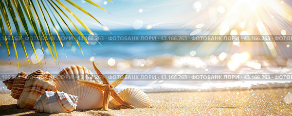 Seashells with a starfish on the background of the sea surf and leaves of palm trees. The concept of vacation. Стоковое AI-изображение, AI-художник Ярославский Максим / Фотобанк Лори