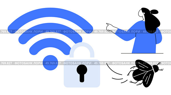 Secured wireless symbol with a padlock, a person pointing in discussion, and a bug indicating troubleshooting or malware issues. Ideal for cybersecurity, tech support, network security, online. Secured wireless with Tech Support and Bug Troubleshooting Visual. Стоковая иллюстрация, агентство Ingram Publishing / Фотобанк Лори