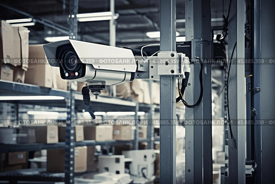 Security camera monitoring inventory in warehouse or distribution center. Стоковое AI-изображение, AI-художник Иван Рябоконь / Фотобанк Лори