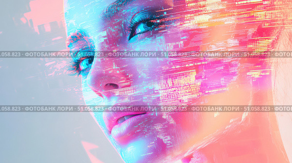 security glitching facial recognition scan ai generated. Стоковое AI-изображение, AI-художник Vectorwin / Фотобанк Лори