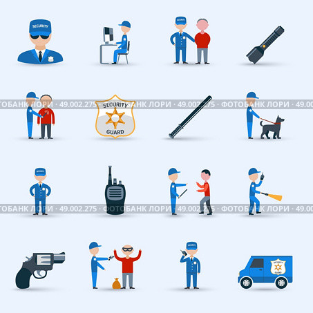 Security guard service icons set. Security guard officer service cartoon character icons set with patrolling and detention duties  abstract isolated vector illustration. Стоковая иллюстрация, агентство Ingram Publishing / Фотобанк Лори