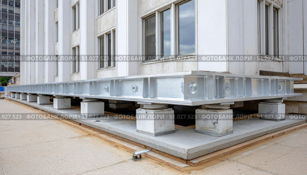 Seismic isolation foundation protecting building from earthquakes. Стоковое AI-изображение, AI-художник Юрий Поздников / Фотобанк Лори