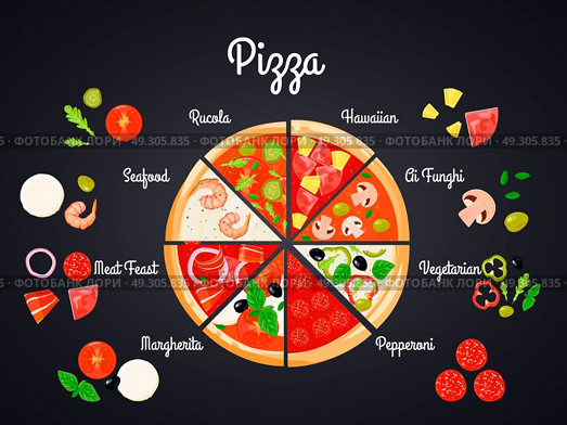 Selection Of Pizza Concept. Make create pizza conceptual composition with flat images of split pizza made of different ingredient slices vector illustration. Стоковая иллюстрация, агентство Ingram Publishing / Фотобанк Лори