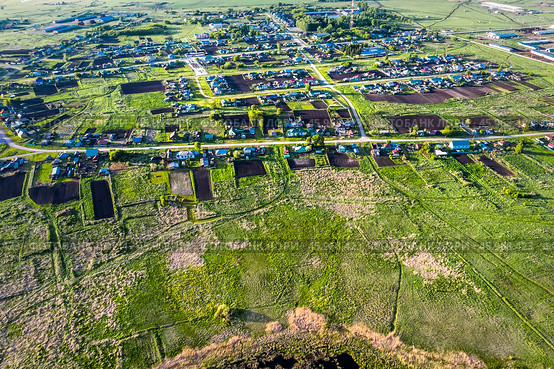 Село Карасёво  летом с высоты птичьего полёта. Черепановский район Новосибирской области, Западная Сибирь. (2024 год). Стоковое фото, фотограф Евгений Мухортов / Фотобанк Лори