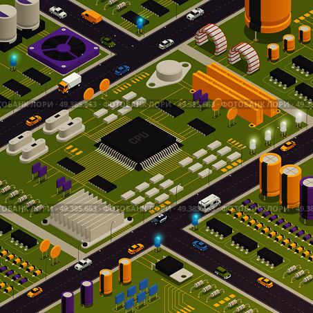 Semiconductor electronic components assembled on printed circuit board as city buildings streets traffic closeup isometric composition vector illustration . Semiconductor Electronic Components Isometric Composition . Стоковая иллюстрация, агентство Ingram Publishing / Фотобанк Лори