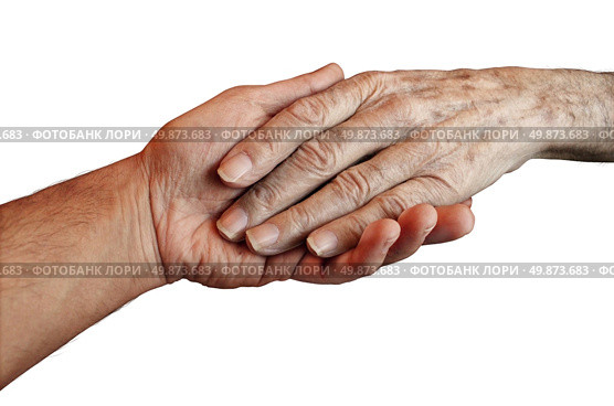 Senior Care with the hand of a young person holding and helping an old and elderly retired patient needing in home medical help due to aging and memory loss on a white background. Стоковое фото, агентство Ingram Publishing / Фотобанк Лори