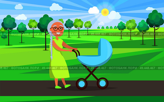 Senior lady with blue trolley pram walking in city park taking care about newborn boy on background of green trees in park vector illustration. Senior Lady with Trolley Pram Walking in City Park. Стоковая иллюстрация, агентство Ingram Publishing / Фотобанк Лори