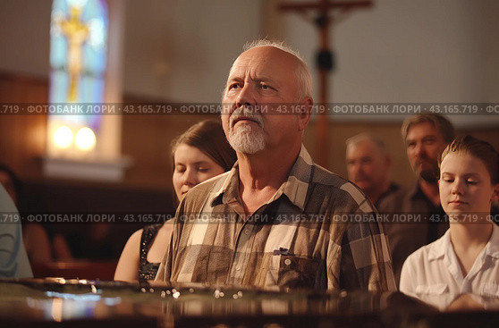 Senior man at church service. Стоковое AI-изображение, AI-художник Данил Руденко / Фотобанк Лори