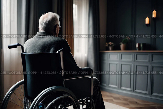 Senior man disabled sitting alone in wheelchair looking through window at hospital, lonely elder thoughtful sad old man look outside in bedroom at retirement home, feel depressed lonely. AI. Стоковое AI-изображение, AI-художник Sergey Grishin / Фотобанк Лори