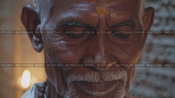 Senior religious leader with silver facial hair wearing ceremonial garments, praying silently inside sacred space. Soft light casting contemplative shadows, radiating deep spiritual tranquility. Стоковое AI-видео, аниматор Данил Руденко / Фотобанк Лори