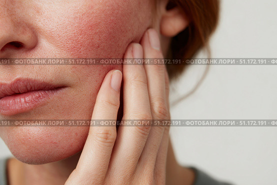 Sensitive skin. Woman scratches cheek with red rash, allergy symptom. Skin irritation, dermatitis, itchy skin problem. Face affected with Allergic reaction. Person suffering from itching, scratching. Стоковое AI-изображение, AI-художник Марина Демидюк / Фотобанк Лори