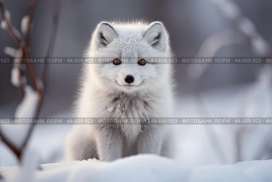 Serene arctic fox in snowy landscape. Стоковое AI-изображение, AI-художник Иван Рябоконь / Фотобанк Лори