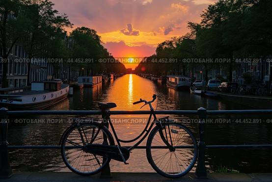 Serene Bicycle amsterdam bridge sunset. Generate Ai. Стоковое AI-изображение, AI-художник Иван Рябоконь / Фотобанк Лори