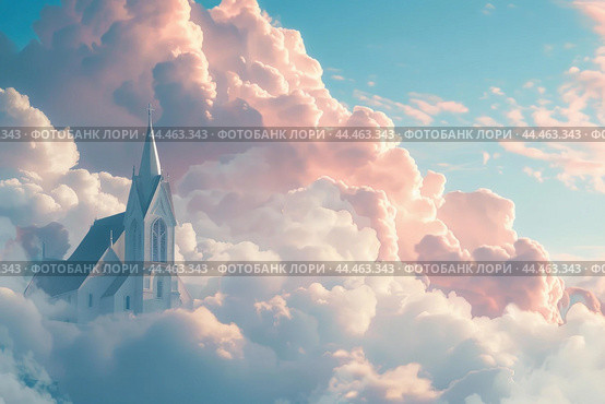 Serene church amidst dreamy cloudscape. Стоковое AI-изображение, AI-художник Иван Рябоконь / Фотобанк Лори