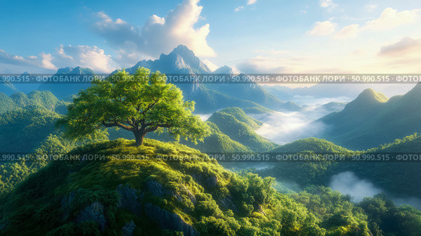 Serene Mountaintop Tree: A Breathtaking Sunrise Panorama. Стоковое AI-изображение, AI-художник Данила Большаков / Фотобанк Лори