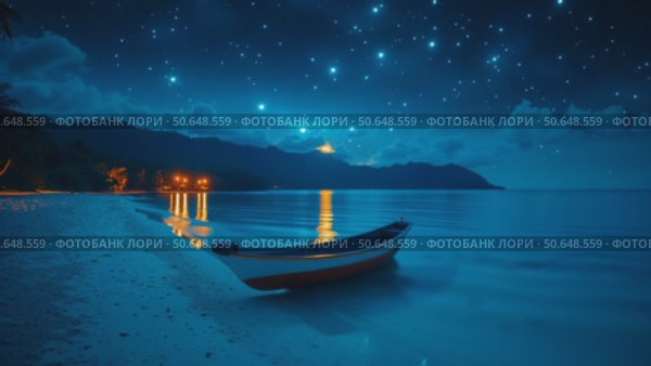 Serene Night by the Beach With a Boat Under a Starry Sky in a Tropical Location. Стоковое AI-видео, аниматор Юлия Гапеенко / Фотобанк Лори