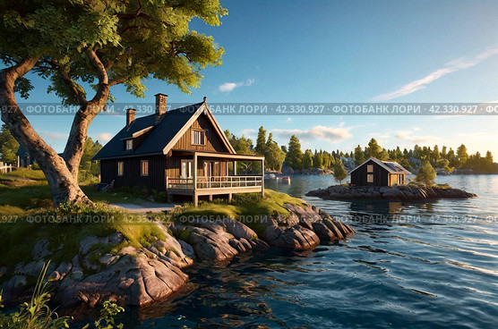 Serene view of small cabins on an island surrounded by water island in archipelago. Landscape of idyllic island cottages in archipelago, outdoors. Nature life freedom concept. Copy ad text space. Стоковое AI-изображение, AI-художник Aleksandr Golubev / Фотобанк Лори