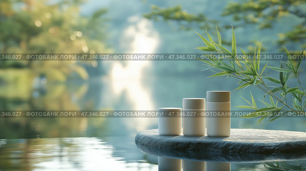 Serenity and tranquility in nature with skincare products mockup by a calm lake. Средства по уходу за кожей расположились на гладком камне у спокойного озера, окруженного пышной зеленью. Мягкий утренний свет отражается от поверхности воды, создавая умиротворяющую атмосферу. Стоковое AI-изображение, AI-художник Katsiaryna Repich / Фотобанк Лори