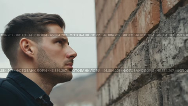 Серьезный молодой человек смотрит на кирпичную стену. Подходит для создания мотивационных плакатов, рекламы и психологической тематики. Стоковое AI-видео, аниматор Анжелика Самсонова / Фотобанк Лори