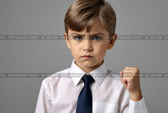 Serious boy in shirt and tie shows fist to revenge or threatening with angry look. Annoyed face boss, looking at camera. Evil teen child on isolate black background. Child emotion concept. Copy space. Стоковое AI-изображение, AI-художник Aleksandr Golubev / Фотобанк Лори