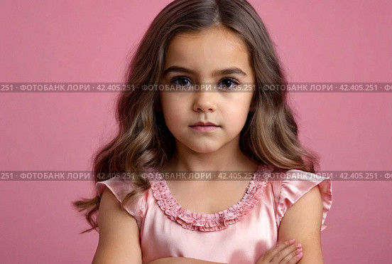 Serious funny little girl in pink dress arms crossed at pink backdrop, posing serious looking. Lovely kid lady coquette expressing emotion, studio shot. Child image emotion concept. Copy ad text space. Стоковое AI-изображение, AI-художник Aleksandr Golubev / Фотобанк Лори