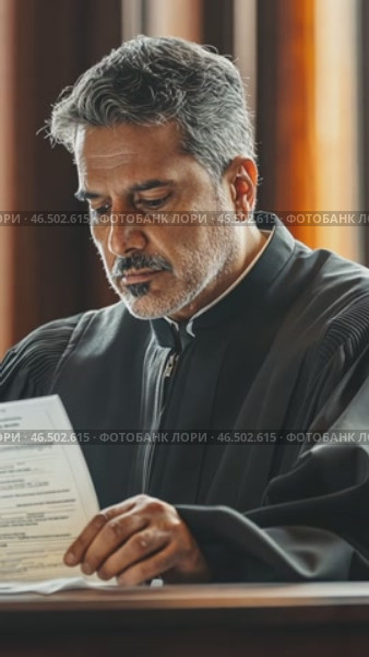 Serious judge reading legal documents in courtroom. Стоковое AI-видео, аниматор Юрий Поздников / Фотобанк Лори