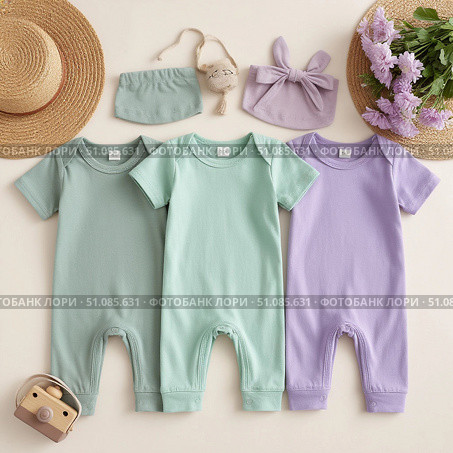 Set for a newborn girl. Three cotton overalls. Lilac, mint, pleasant delicate colors. Стоковое AI-изображение, AI-художник Ирина Гильмуллина / Фотобанк Лори