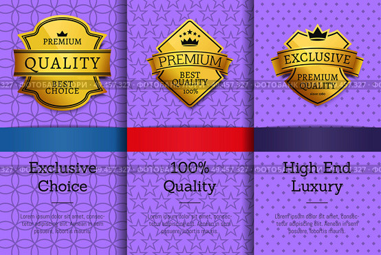 Set golden labels on posters with text sample. Exclusive choice 100 quality high end luxury product collection vector illustrations on purple background. Set Golden Labels on Posters Text Sample Exclusive. Стоковая иллюстрация, агентство Ingram Publishing / Фотобанк Лори