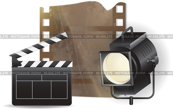 Set icons cinematography cinema and movie vector illustration isolated on white background. Movie spotlight, camera and film clapper board, film strip. Film production equipment for shooting. Set icons cinematography cinema and movie. Film production equipment for shooting, film industry. Стоковая иллюстрация, агентство Ingram Publishing / Фотобанк Лори