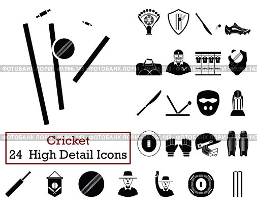 Set of 24  Cricket Icons. Monochrome color design. Vector illustration. Стоковое фото, агентство Ingram Publishing / Фотобанк Лори