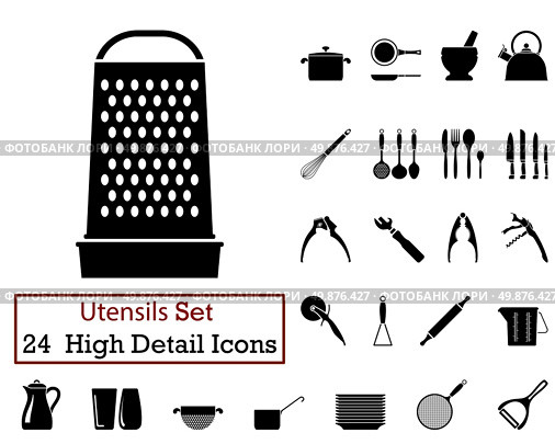 Set of 24 Utensils Icons in Black Color. Стоковая иллюстрация, агентство Ingram Publishing / Фотобанк Лори
