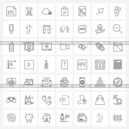 Set of 49 Line Icon Signs and Symbols of contacts, check, waiting, note, clipboard Vector Illustration. Стоковая иллюстрация, агентство Ingram Publishing / Фотобанк Лори
