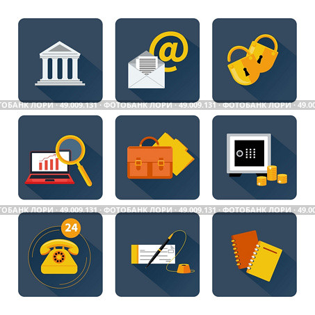 Set of 9 square icons for finance and banking services, support and security. Стоковая иллюстрация, агентство Ingram Publishing / Фотобанк Лори