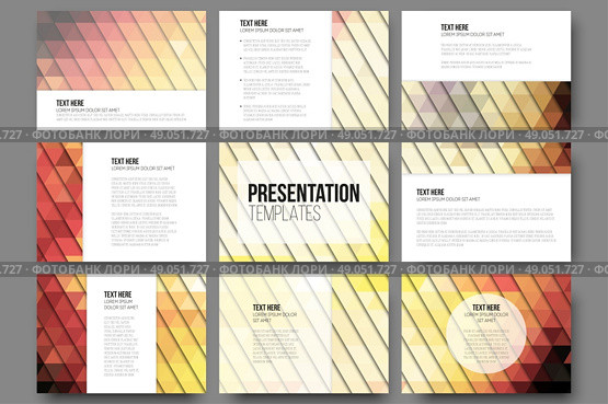 Set of 9 templates for presentation slides. Abstract gray backgrounds. Triangle design vectors . Set of 9 templates for presentation slides. Abstract gray backgrounds. Triangle design vectors. Стоковая иллюстрация, агентство Ingram Publishing / Фотобанк Лори