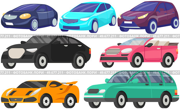 Set of automobiles of different shapes and colors. Sports car, convertible, suv, hatchback icons. Vehicle, means of transportation in city and nature. Types of passenger cars vector illustration. Set of automobiles of different shapes and colors. Sports car, convertible, suv, hatchback icons. Стоковая иллюстрация, агентство Ingram Publishing / Фотобанк Лори