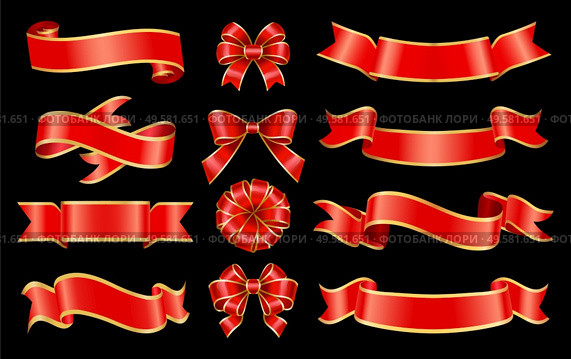 Set of banners and red ribbon bows for decoration of greeting cards and gifts boxes. Swirly stripes with copy space. Design of empty tapes for message placing. Vintage tapes isolated. Vector in flat. Ribbon Bows and Stripes, Set of Banners Vector. Стоковая иллюстрация, агентство Ingram Publishing / Фотобанк Лори