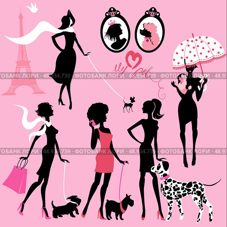 Set of black silhouettes of fashionable girls with their pets - dogs (Dalmatian, terrier, poodle, chihuahua) on a pink background. Стоковая иллюстрация, агентство Ingram Publishing / Фотобанк Лори