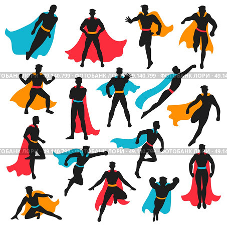 Set Of Black Superhero Silhouettes. Set of black superhero silhouettes in different poses with colored waving cloaks on white background isolated vector illustration. Стоковая иллюстрация, агентство Ingram Publishing / Фотобанк Лори