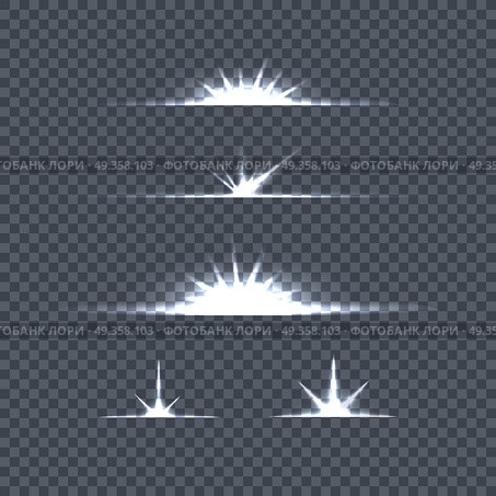 Set of Bright Lights on Transparency. Glow Flash. Set of bright lights on transparency. Glow flash fireworks illuminated sparkle. Glow light special effects. Shine explosion spark, flare effect, twinkling rays. Starburst. Vector illustration. Стоковая иллюстрация, агентство Ingram Publishing / Фотобанк Лори