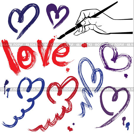 Set of brush strokes and scribbles in heart shapes and word LOVE - sketch elements for Valentines Day design. Стоковая иллюстрация, агентство Ingram Publishing / Фотобанк Лори