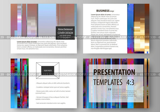 Set of business templates for presentation slides. Easy editable abstract layouts in flat design, vector illustration. Glitched background made of colorful pixel mosaic. Digital decay, signal error, television fail. Trendy glitch backdrop. Стоковая иллюстрация, агентство Ingram Publishing / Фотобанк Лори