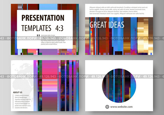 Set of business templates for presentation slides. Easy editable abstract layouts in flat design, vector illustration. Glitched background made of colorful pixel mosaic. Digital decay, signal error, television fail. Trendy glitch backdrop. Стоковая иллюстрация, агентство Ingram Publishing / Фотобанк Лори