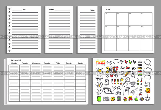 Set of calendars, annual and daily planning, work week and icons of diagram, marks and year sign vector illustration isolated on white background. Set of Calendar, Daily Plans Vector Illustration. Стоковая иллюстрация, агентство Ingram Publishing / Фотобанк Лори