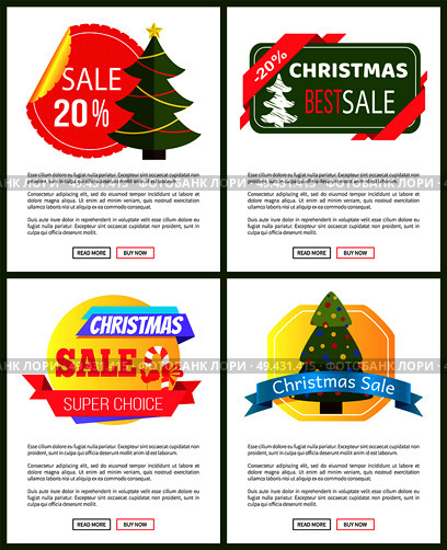Set of Christmas sale advertisement cards with lolipop and New Year tree on circle or octagon background with text on the right, vector illustration. Set of Christmas Sale Cards Vector Illustration. Стоковая иллюстрация, агентство Ingram Publishing / Фотобанк Лори